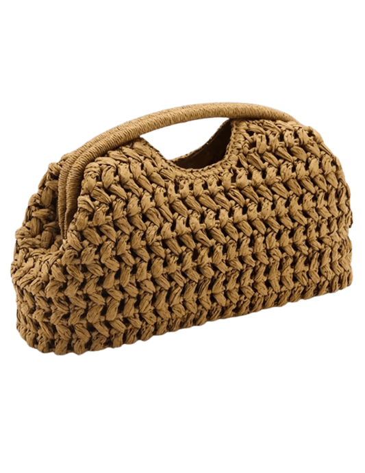 Side view of woven straw clutch with structured wire frame opening