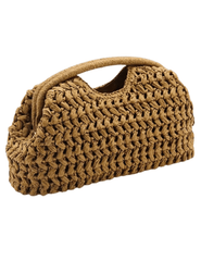 Side view of woven straw clutch with structured wire frame opening