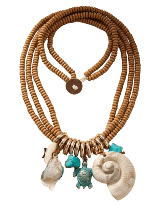 St Barths Tortuga statement necklace wooden beads shell charms front

