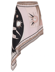 St. Barths La Robe Vida asymmetrical satin skirt in blush art deco print