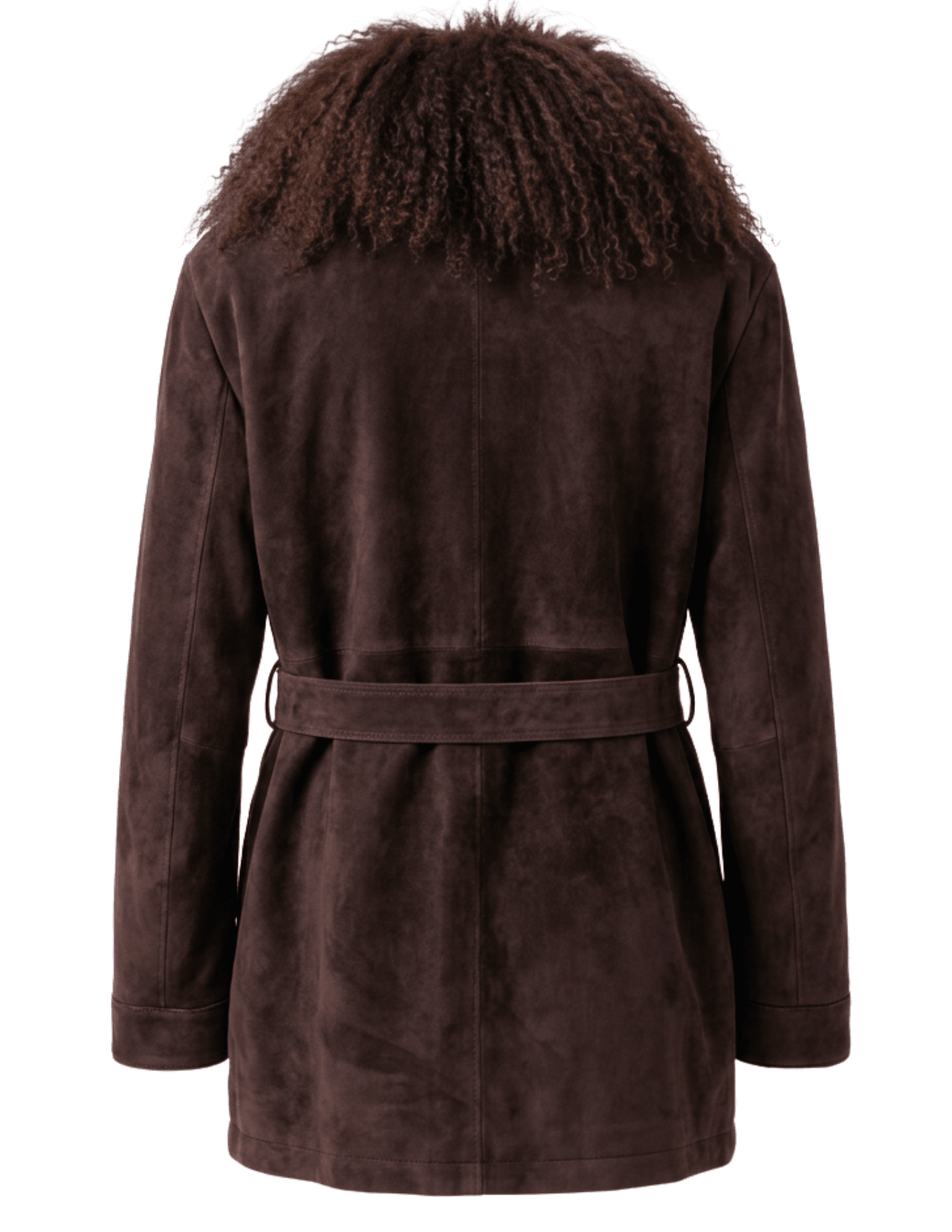 Back view of Steven Dann Avery brown suede coat featuring Mongolian fur collar and belted waist
