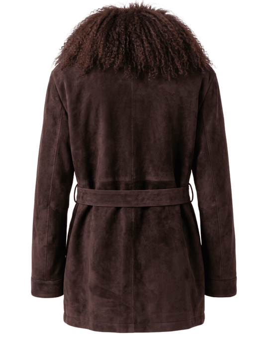Back view of Steven Dann Avery brown suede coat featuring Mongolian fur collar and belted waist