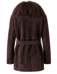 Back view of Steven Dann Avery brown suede coat featuring Mongolian fur collar and belted waist