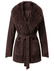 Steven Dann Avery brown suede coat with genuine Mongolian sheep fur collar, tie belt, and patch pockets