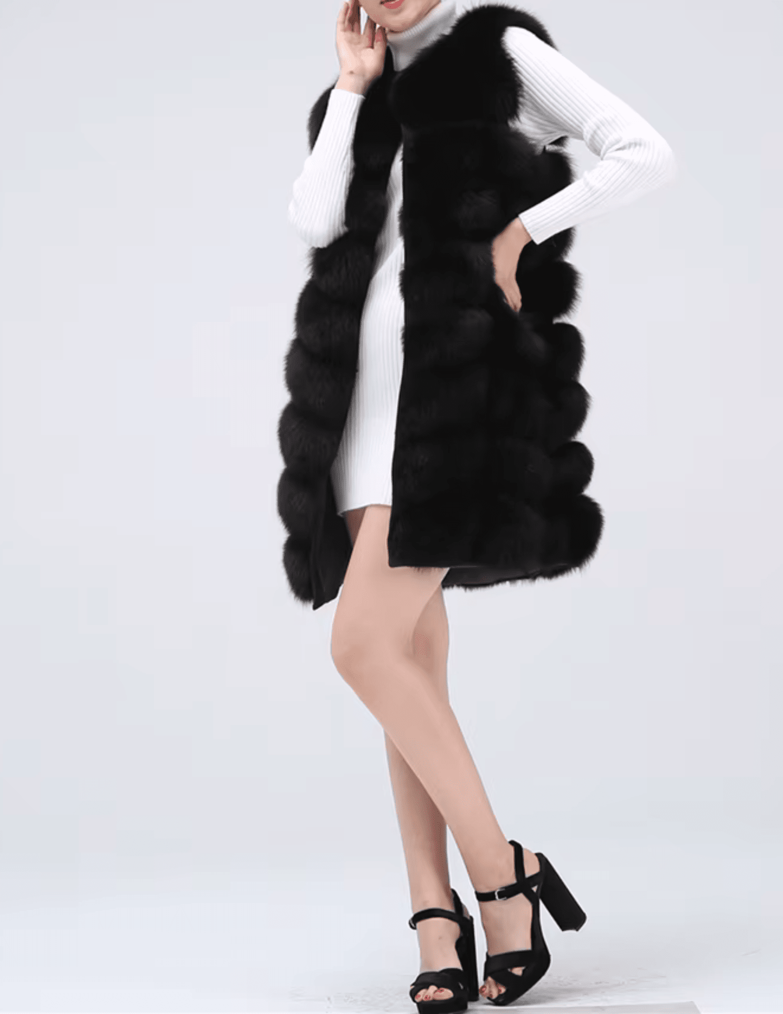 Black longline fox fur vest Steven Dann