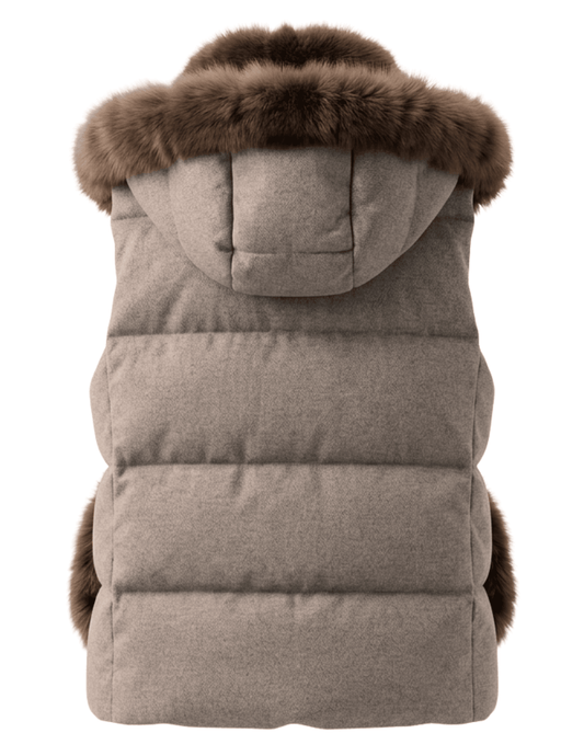 Back view of Steven Dann Felicia fox fur vest featuring light brown quilted puffer back and detachable fur-trimmed hood