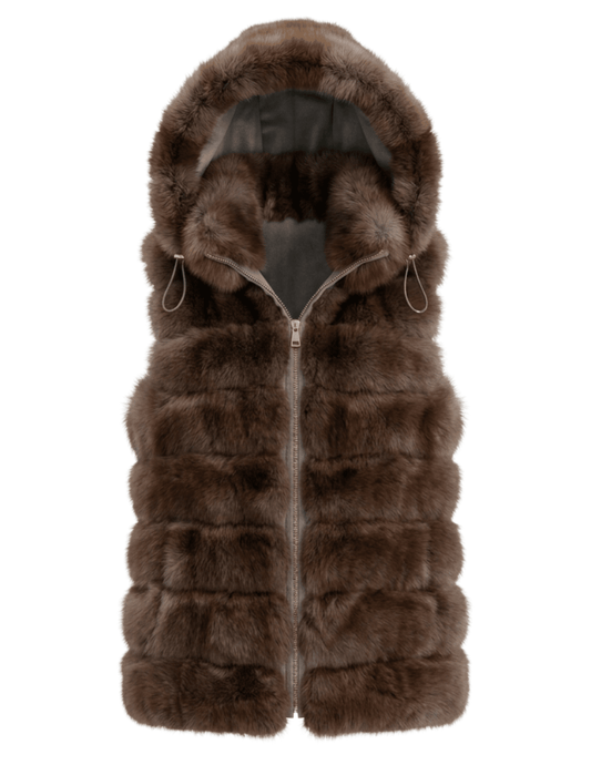 Steven Dann Felicia genuine Finnish fox fur hooded vest in light sable brown with channeled fur panels and front zipper