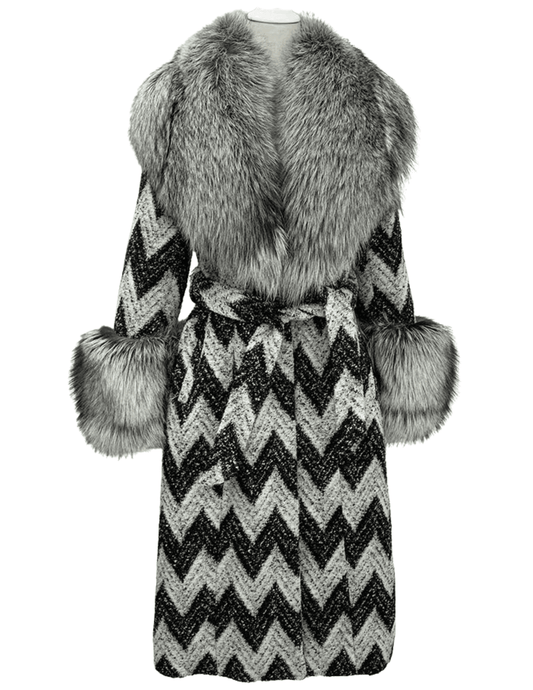 Steven Dann Fox Collar Chevron Wool Coat in grey and black.