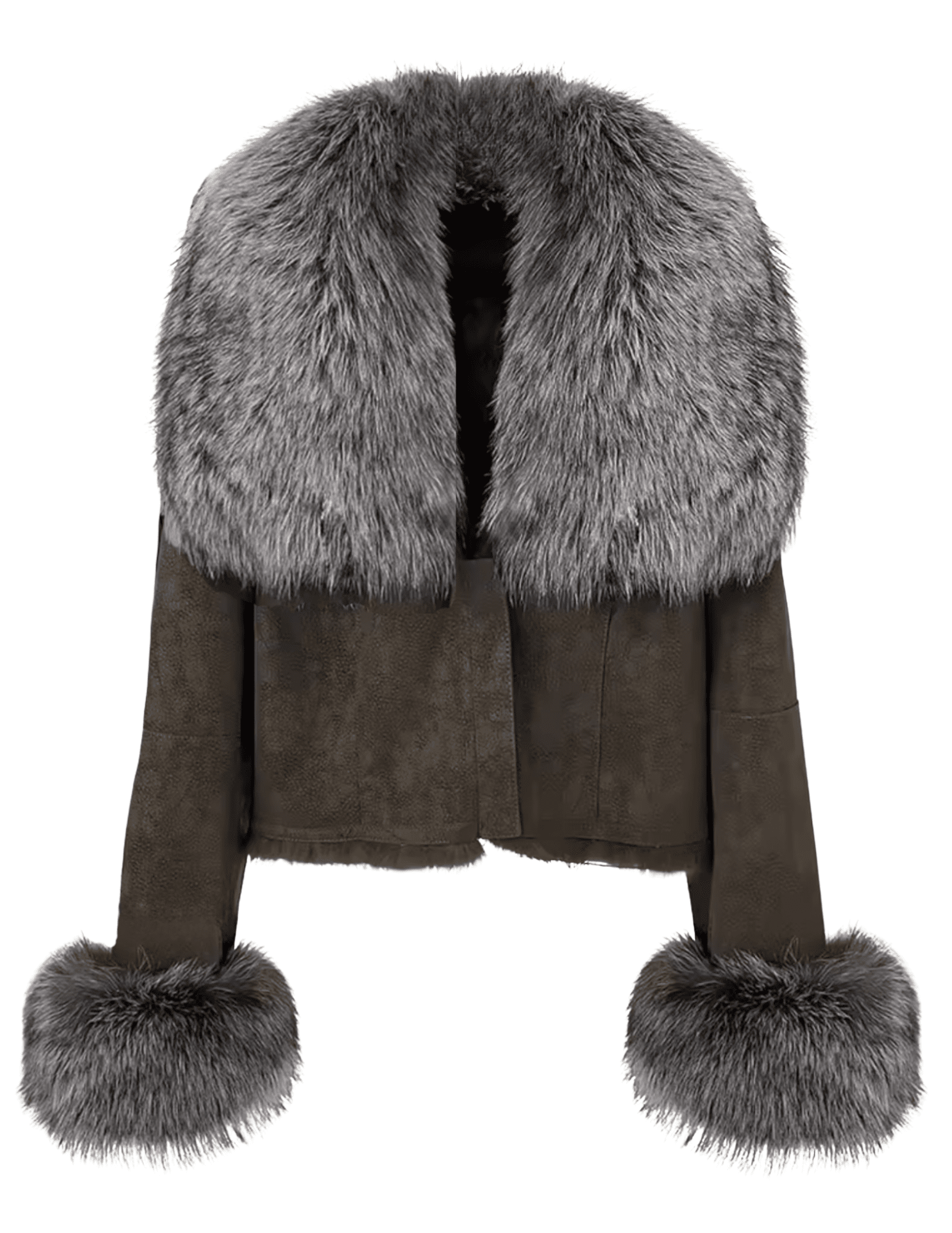 Steven Dann Harley Suede Jacket in Dark Coffee with Silver Fox Fur Collar and Cuffs