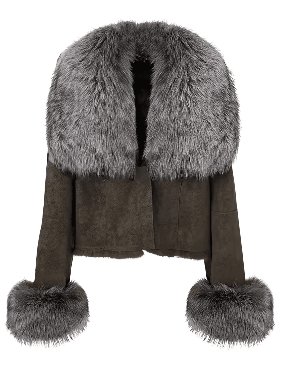 Steven Dann Harley Suede Jacket in Dark Coffee with Silver Fox Fur Collar and Cuffs