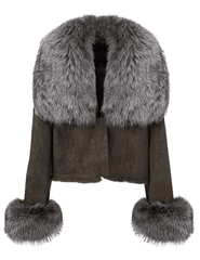 Steven Dann Harley Suede Jacket in Dark Coffee with Silver Fox Fur Collar and Cuffs