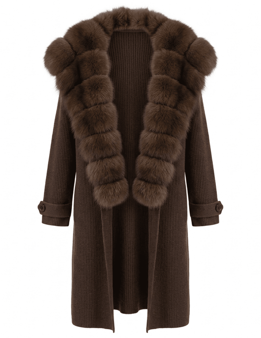 Steven Dann Jenna Fox Fur Collar Long Cardigan in Coffee