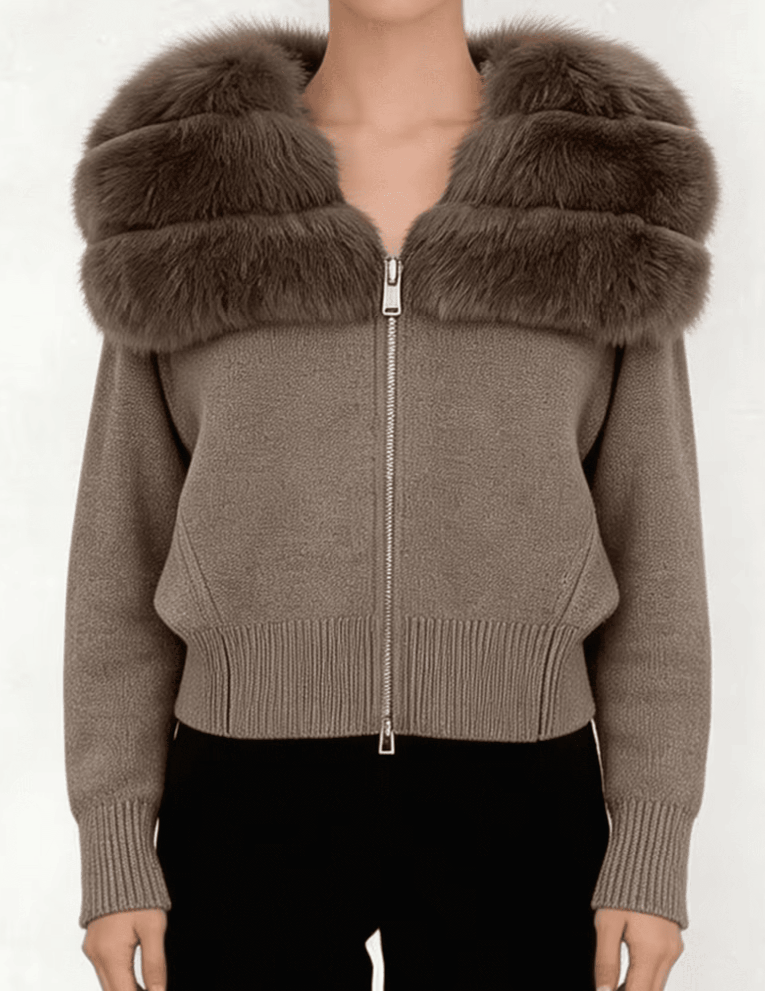 Front view of Steven Dann Josie Fox Collar Zip Cardigan in Taupe