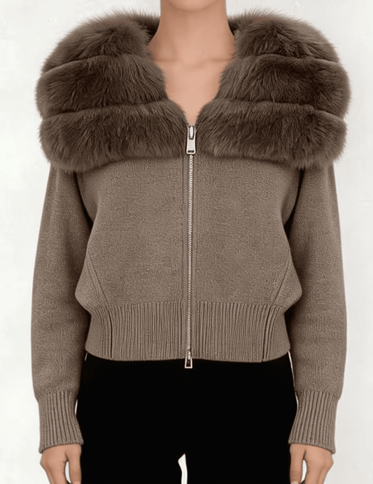 Front view of Steven Dann Josie Fox Collar Zip Cardigan in Taupe