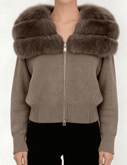 Front view of Steven Dann Josie Fox Collar Zip Cardigan in Taupe