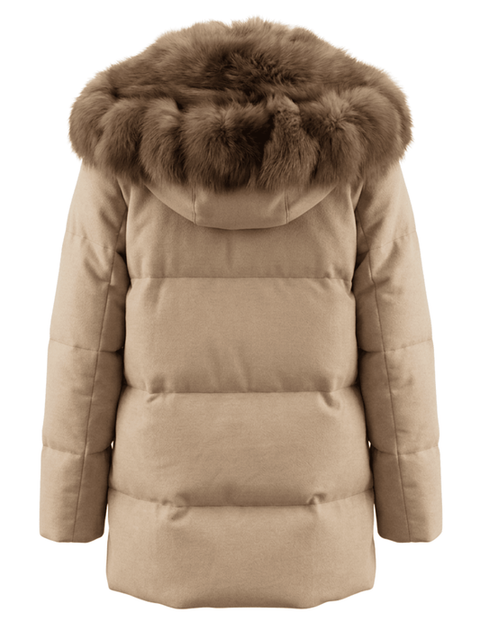 Back view of Steven Dann Leona light camel down puffer coat with oversized sable-colored fox fur hood