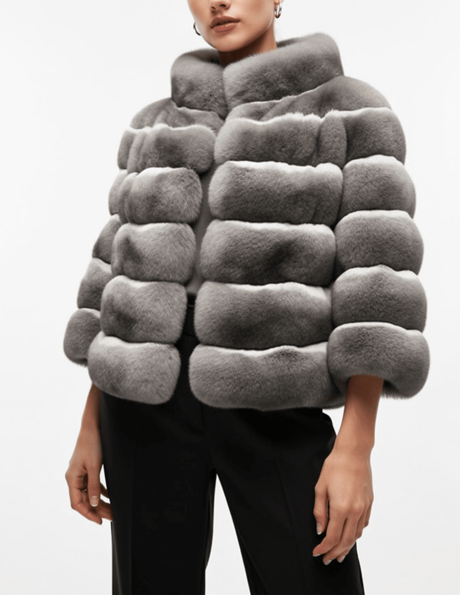 Model wearing Steven Dann Lissy Rex Fur Jacket in Natural with stand collar and short sleeves
