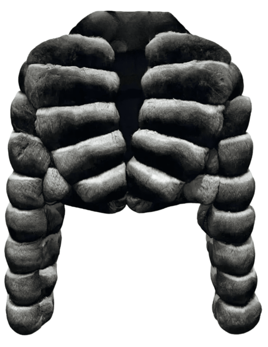 Steven Dann Mariah Cropped Fur Jacket in black grey with wide lapels.