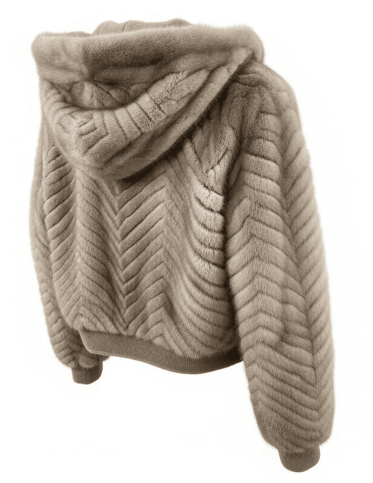 Side view of luxury silver blue mink chevron jacket with cropped fit by Steven Dann