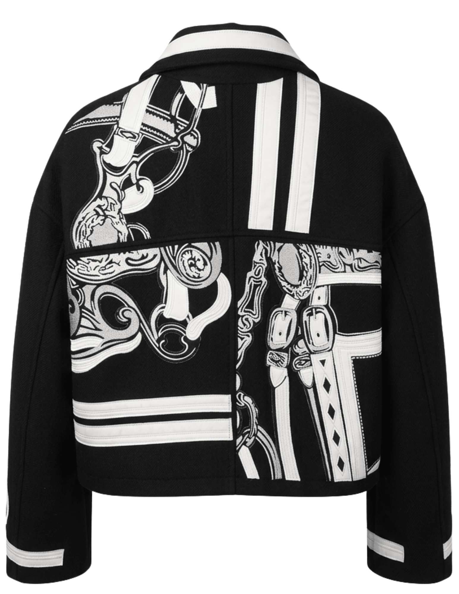 Back view of Steven Dann Parker wool-blend jacket with black and white equestrian buckle print and boxy silhouette