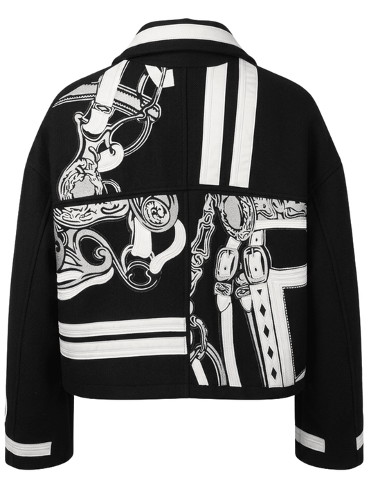 Back view of Steven Dann Parker wool-blend jacket with black and white equestrian buckle print and boxy silhouette