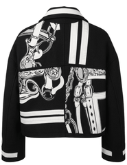Back view of Steven Dann Parker wool-blend jacket with black and white equestrian buckle print and boxy silhouette