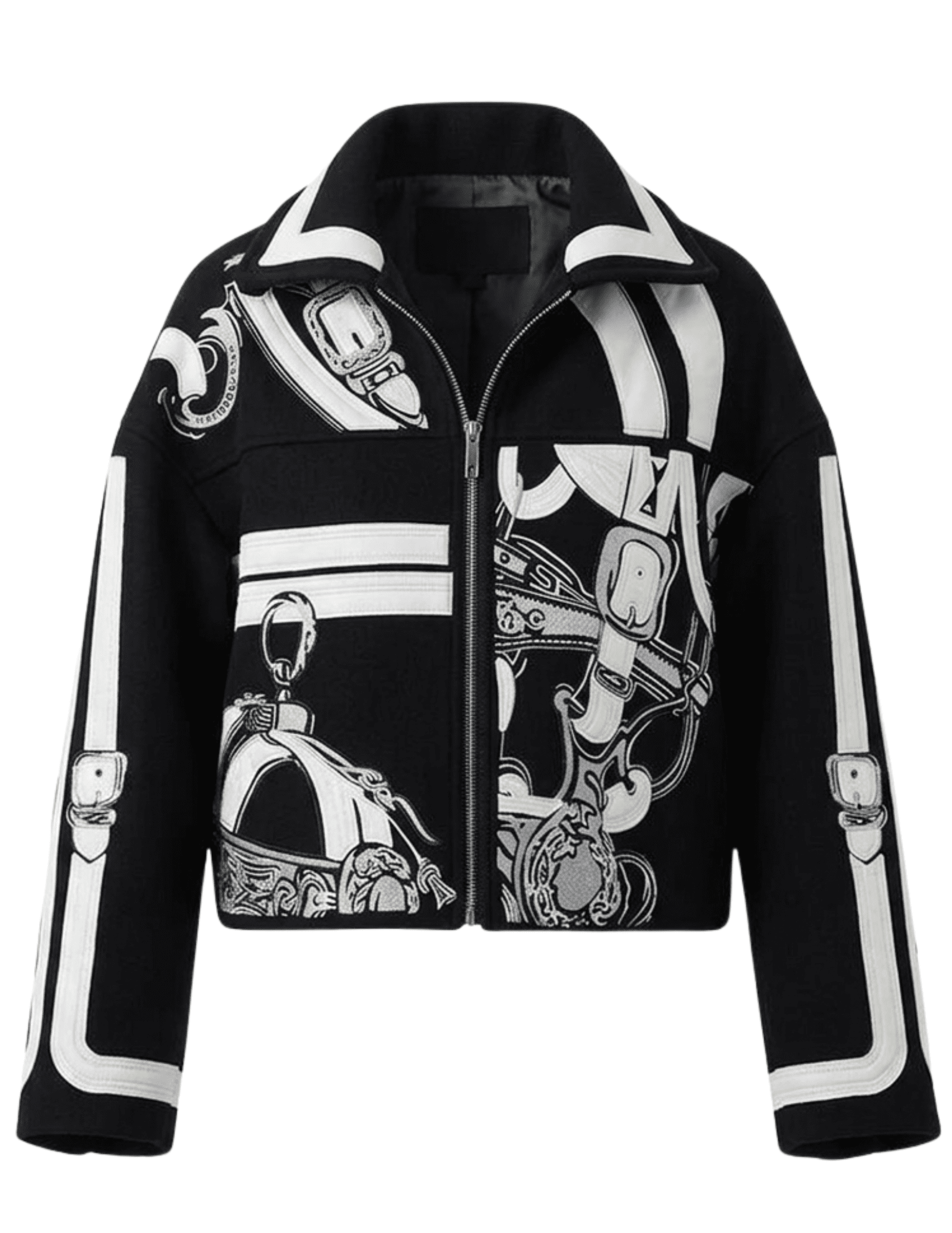 Steven Dann Parker black and white wool-blend jacket featuring buckle print, embroidered panels and zip-front closure
