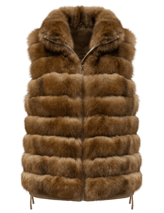 Steven Dann Priya reversible golden sable fox fur vest with plush channeled Finnish fox fur and zip-front closure