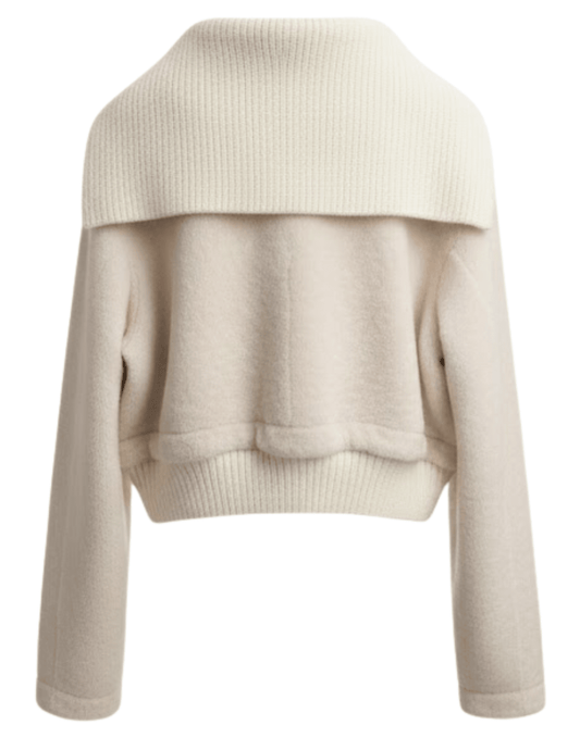 Back view of Steven Dann Shearling Knit Collar Jacket in white with removable knit collar.