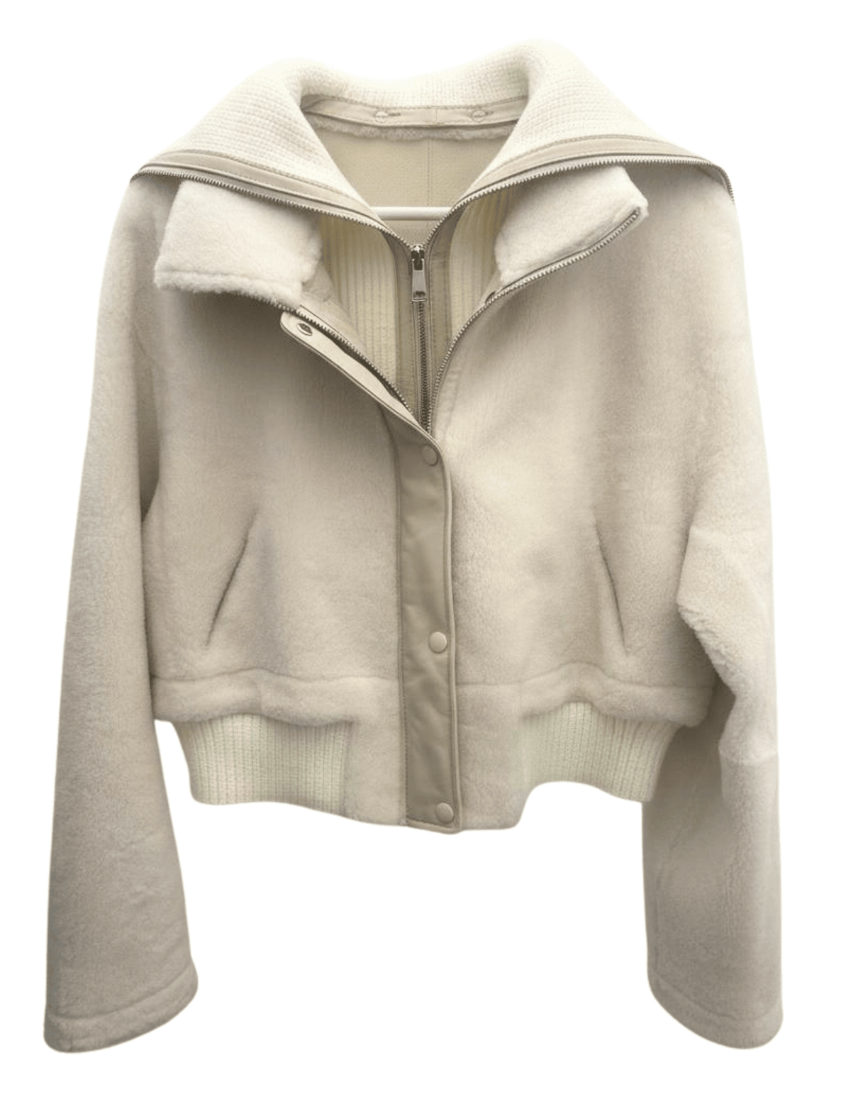 Front view of Steven Dann Shearling Knit Collar Jacket in white with removable knit collar.