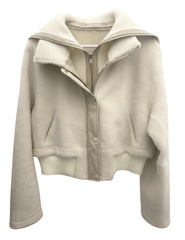 Front view of Steven Dann Shearling Knit Collar Jacket in white with removable knit collar.