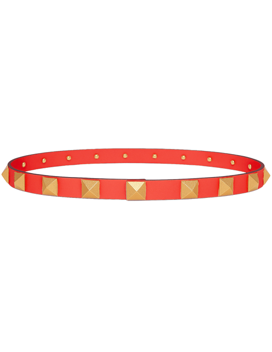 Steven Dann studded leather belt in red with gold tone studs designer accessory
