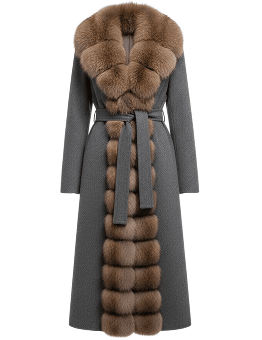 teven Dann Sylvia Fox Trim Wool Long Coat in grey with fur collar and trim