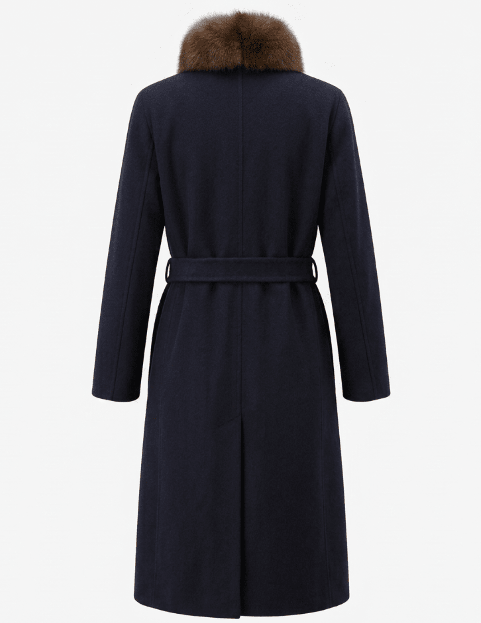 Back view of Steven Dann Teresa long navy wool coat with removable fox fur collar and belted waist