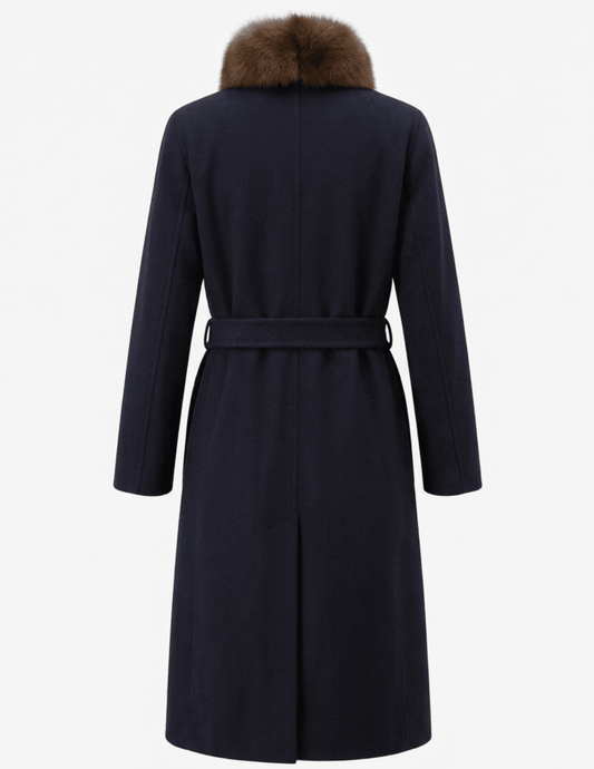 Back view of Steven Dann Teresa long navy wool coat with removable fox fur collar and belted waist