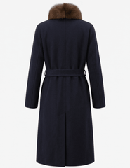 Back view of Steven Dann Teresa long navy wool coat with removable fox fur collar and belted waist