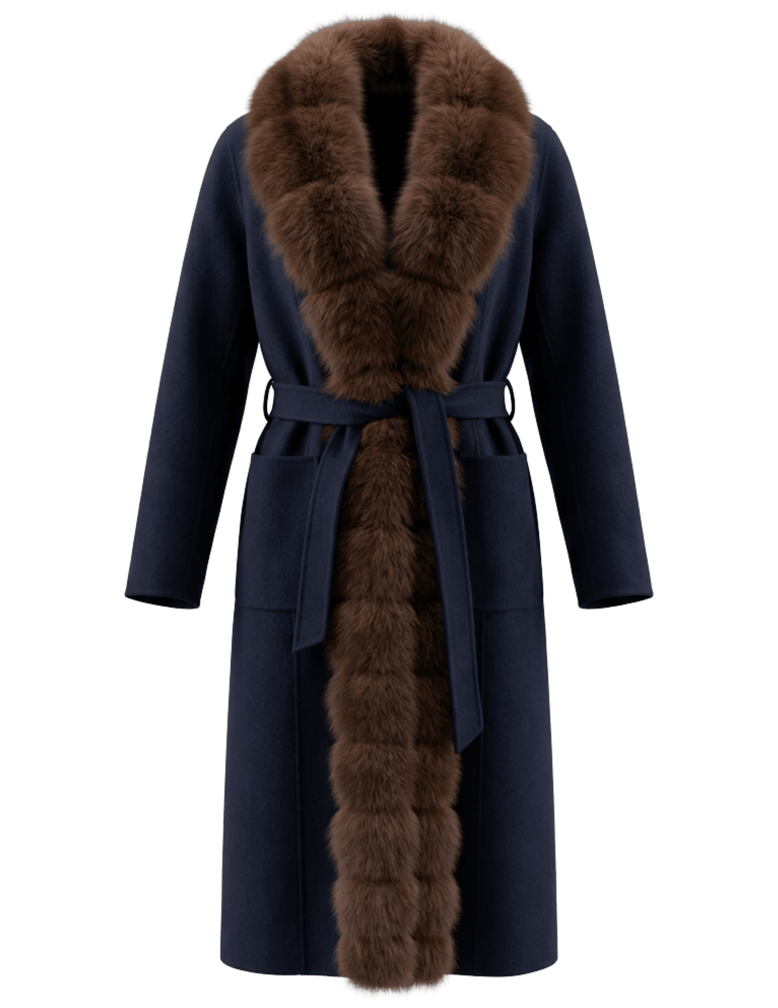 Steven Dann Teresa navy wool coat with genuine sable-colored fox fur collar, front trim, and self-tie belt