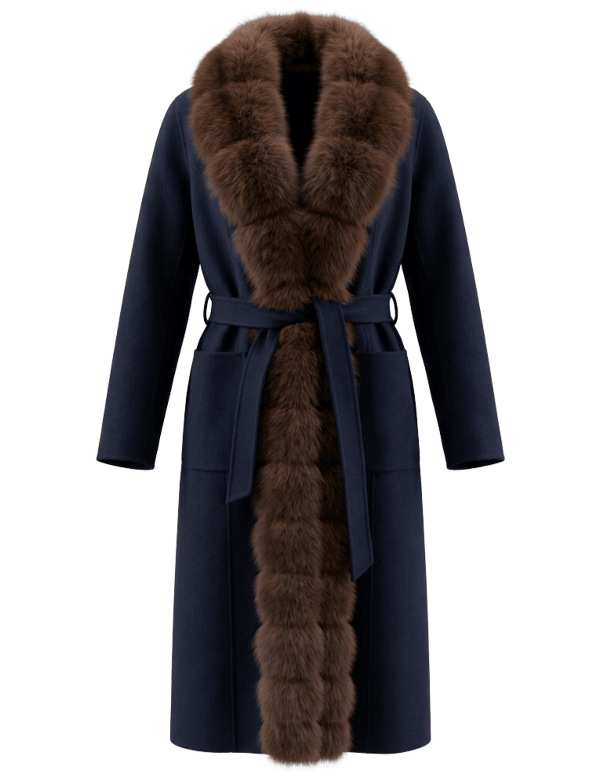 Steven Dann Teresa navy wool coat with genuine sable-colored fox fur collar, front trim, and self-tie belt