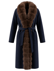 Steven Dann Teresa navy wool coat with genuine sable-colored fox fur collar, front trim, and self-tie belt