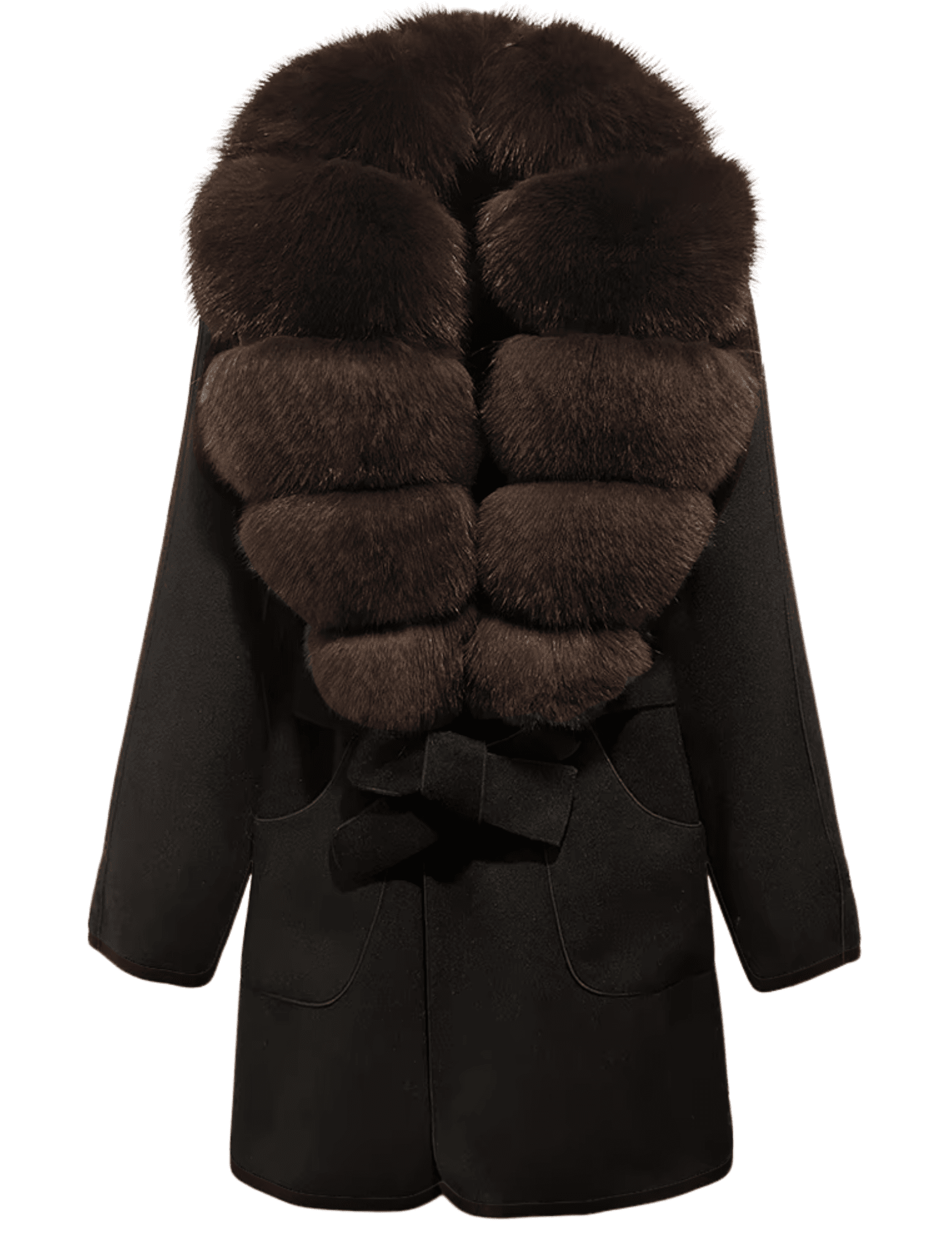 Steven Dann Toni Wool Belted Coat in Black with Dark Coffee Real Fox Fur Colla