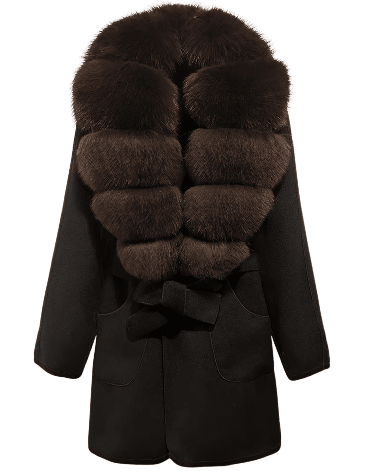 Steven Dann Toni Wool Belted Coat in Black with Dark Coffee Real Fox Fur Colla