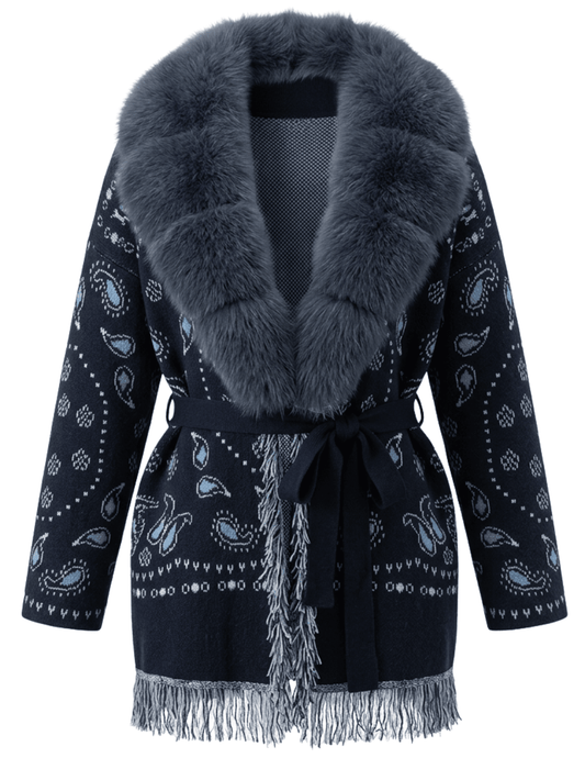 Steven Dann Victoria Navy Paisley Fox Fur Cardigan