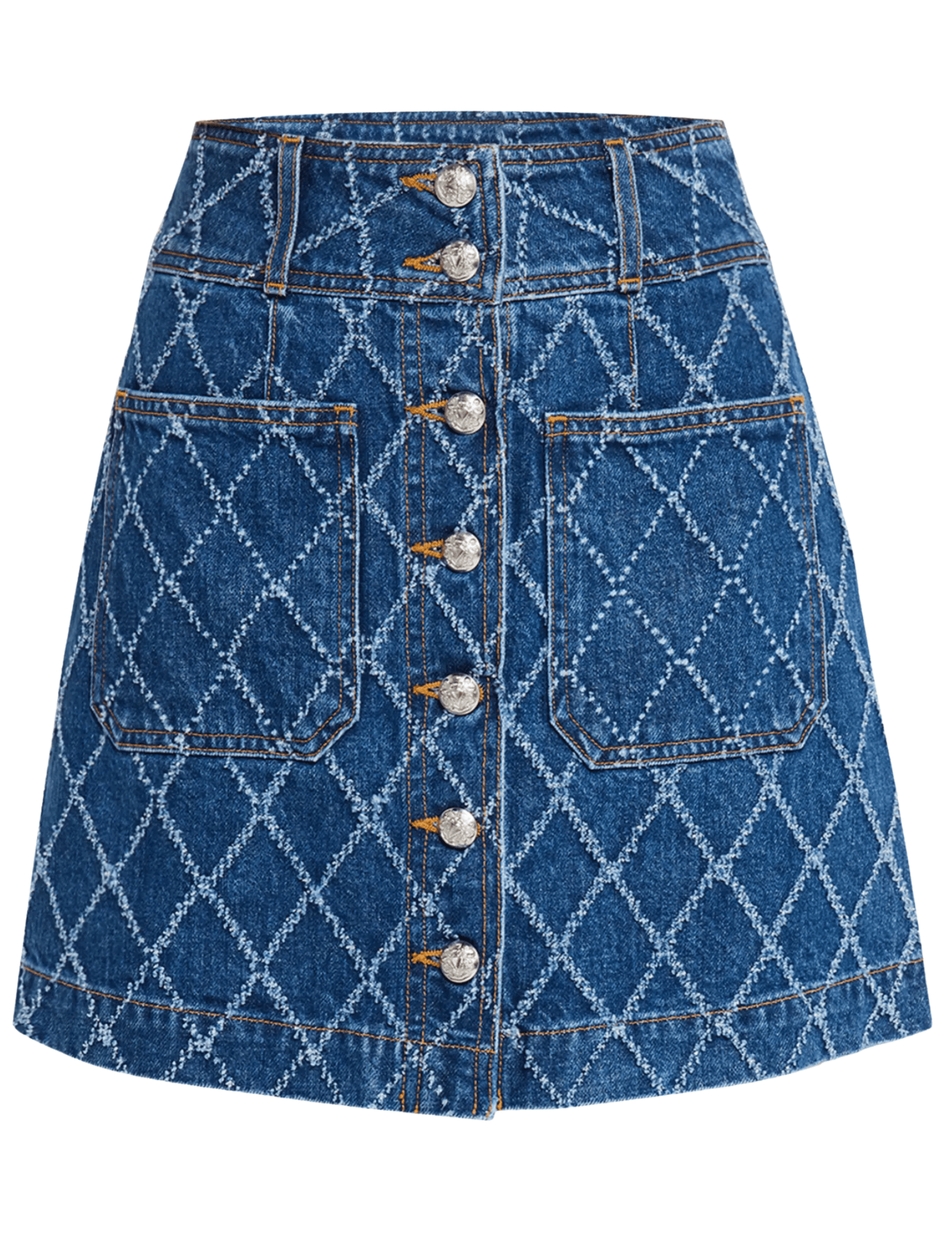 Veronica Beard Moxie textured denim mini skirt in Blue Diamond, women’s stylish mini skirt with unique textured fabric and classic blue wash front view