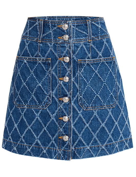 Veronica Beard Moxie textured denim mini skirt in Blue Diamond, women’s stylish mini skirt with unique textured fabric and classic blue wash front view