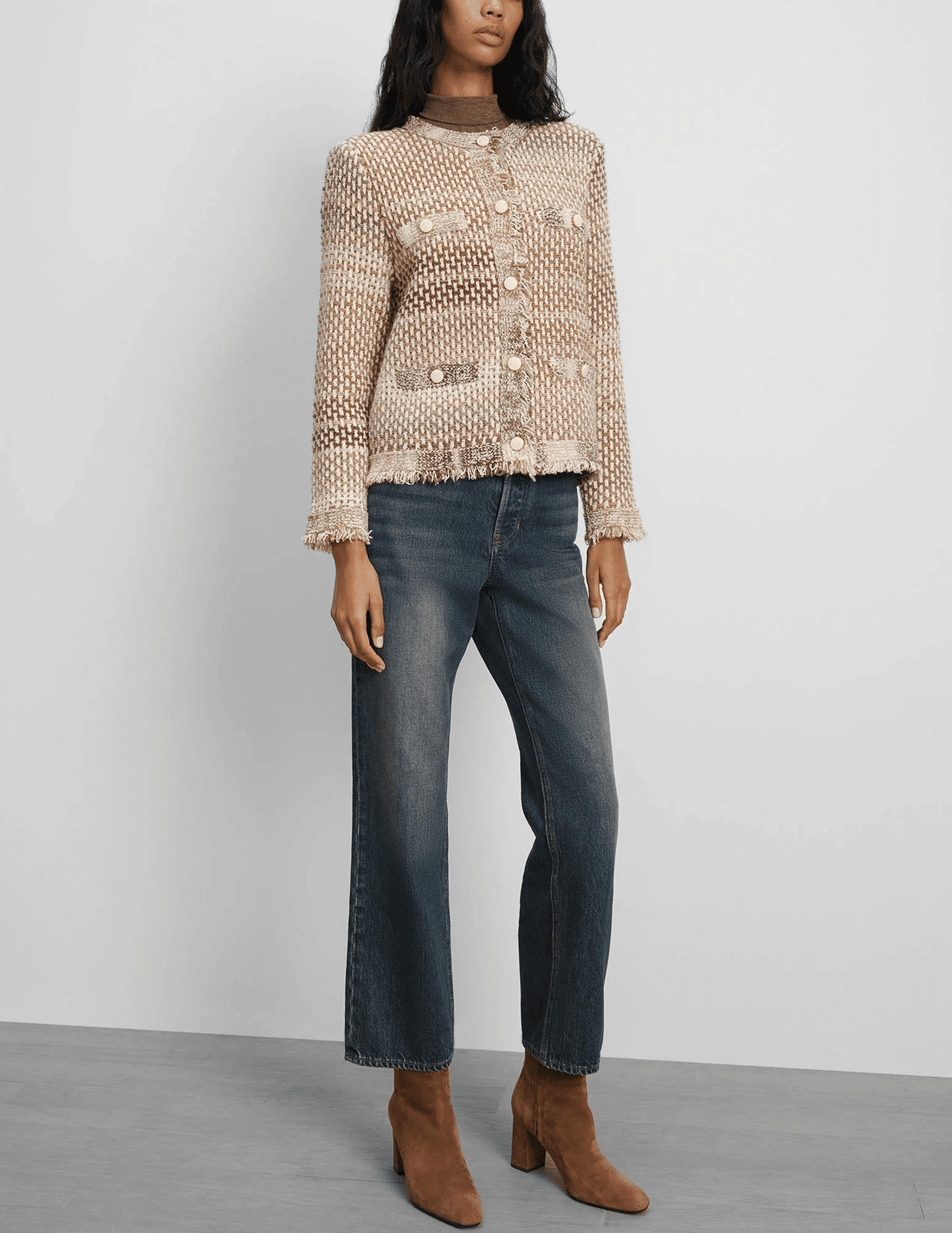 Veronica Beard Sariyah Knit Collarless Jacket in desert khaki multi