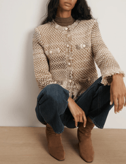 Veronica Beard Sariyah Knit Collarless Jacket in desert khaki multi