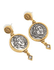 Designer coin earrings with hammered gold-tone frame and silver coin center