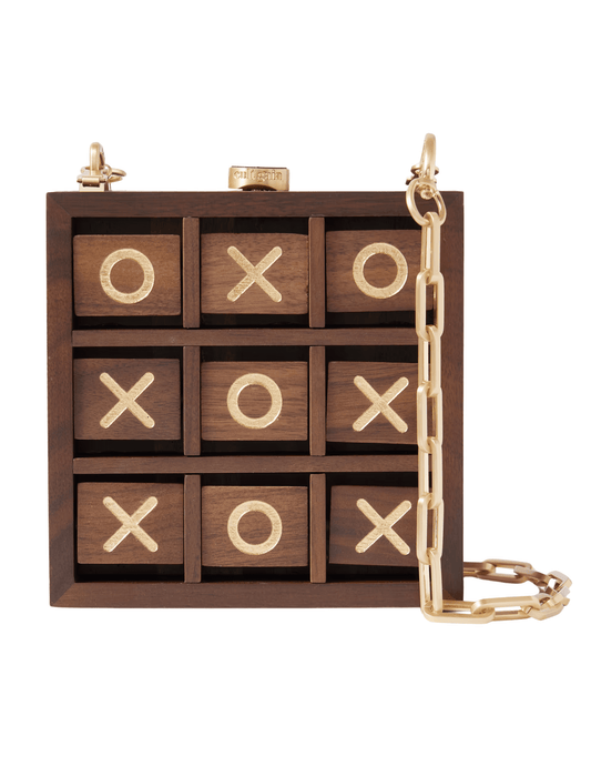 Cult Gaia tic tac toe clutch in walnut wood with gold chain