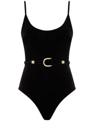 "Zimmermann Rhiannon velvet scoop one piece swimsuit in black with gold buckle belt"