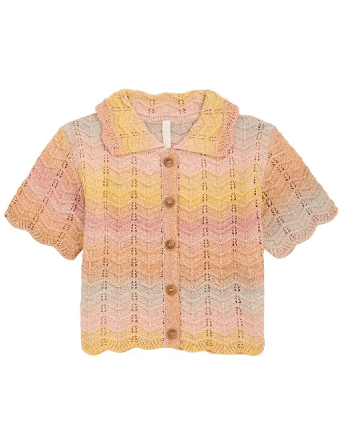 Zimmermann Tallow Kid's Chevron Knit Top in Multi Ombre with button front and scalloped hem